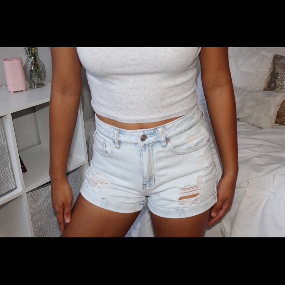 Distressed denim shorts